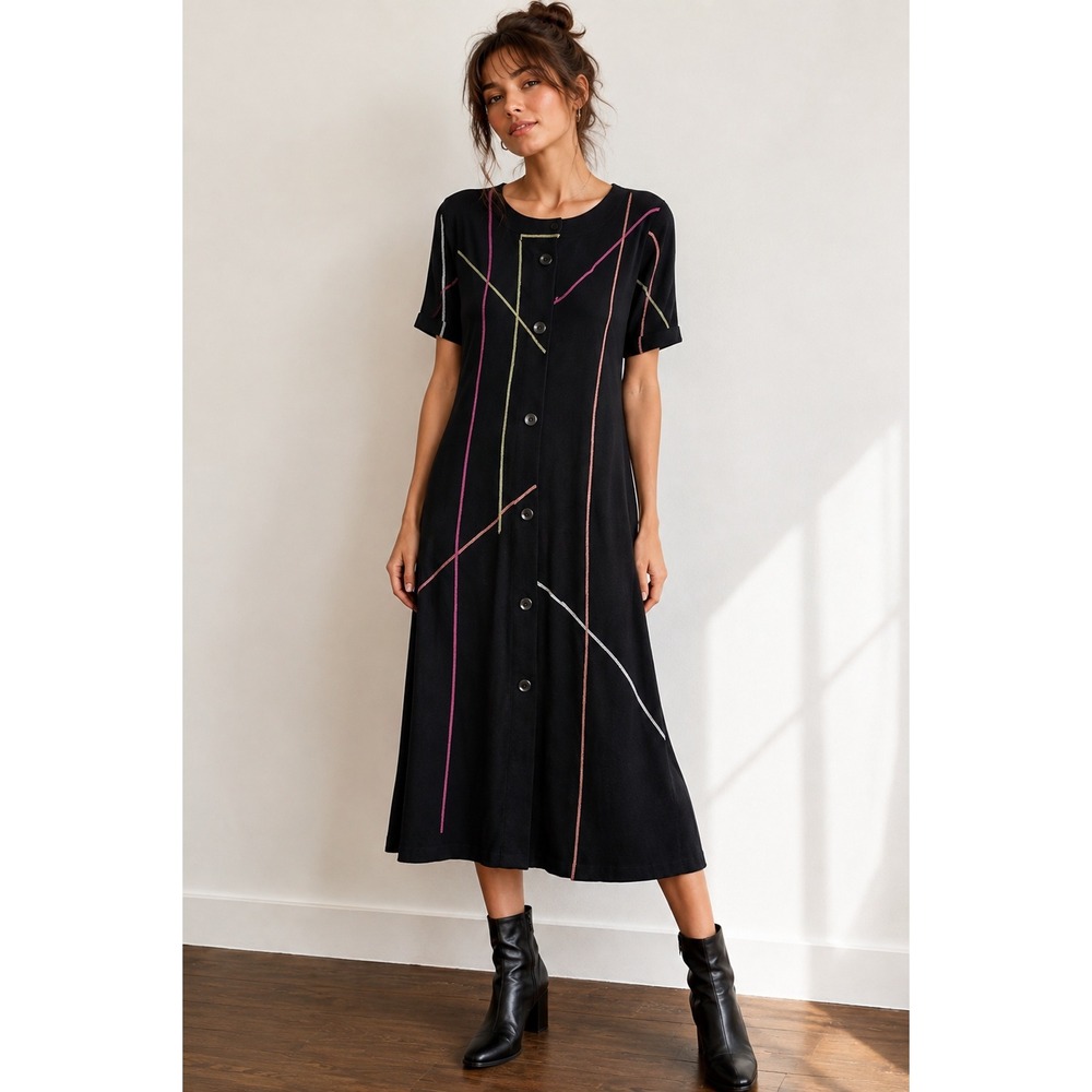 Vintage Black Wool Blend Midi‎ Dress Made USA Abstract Stripe Button Front